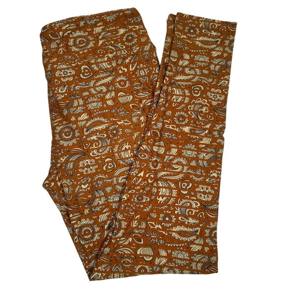 LuLaRoe Paisley Hearts Adult Coloring Caramel Tan Stripes Leggings Tall Curvy TC - Picture 1 of 5